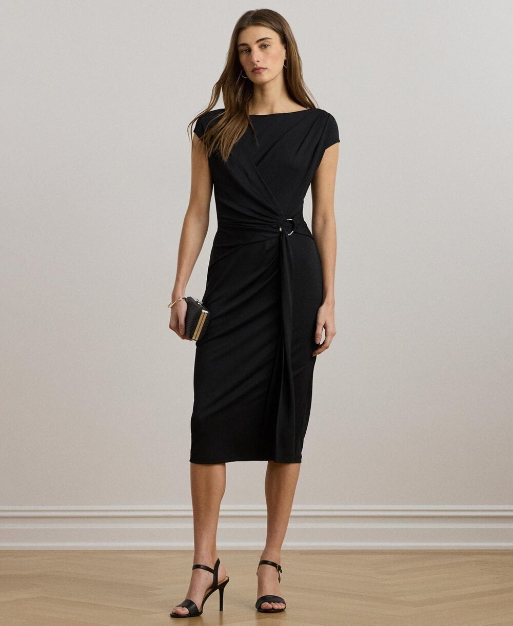 Lauren Ralph Lauren Women's Ring-Trim Jersey Cap-Sleeve Dress Black Size 8 4071